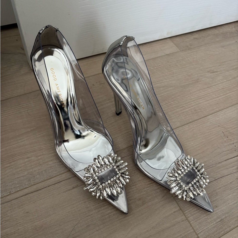Good American Metallic Silver Heels